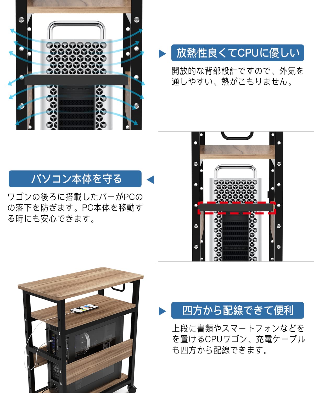 DEWEL パソコンワゴン デスクワゴン 3段 木製 pcワゴン キャスター付き 取っ手付き 収納棚 サイドデスク 棚板高さ調節可能 オフィス収納 サイドワゴン 組立品 幅60×奥行30×高さ70cm 一年保証 (ライトブラウン)