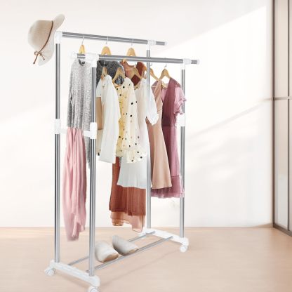 DEWEL ハンガーラック 2段 収納ラック つっぱり棚 幅94.5cm-150×奥行40cm×高さ98-170cm キャスター付き 洋服ラック 大容量 高さ調整可能 耐荷重40kg 組立簡単 ポールハンガー