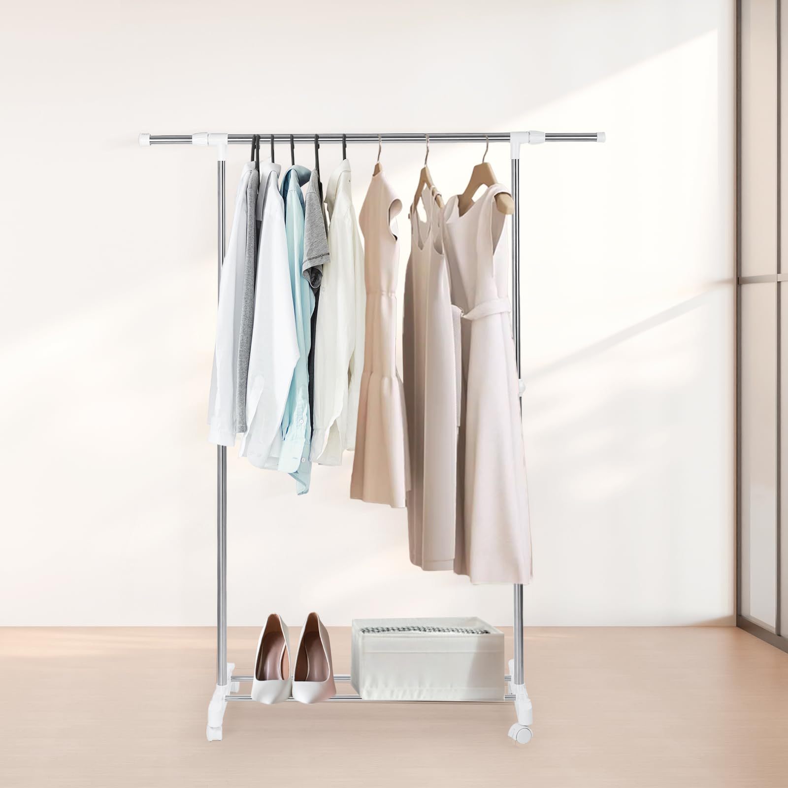 DEWEL ハンガーラック 収納ラック つっぱり棚 キャスター付き 幅94-139.5cm×奥行40cm×高さ102.5-178cm 高さ調整可能 耐荷重15kg 大容量 かんたん組み立て ポールハンガー 衣装掛け