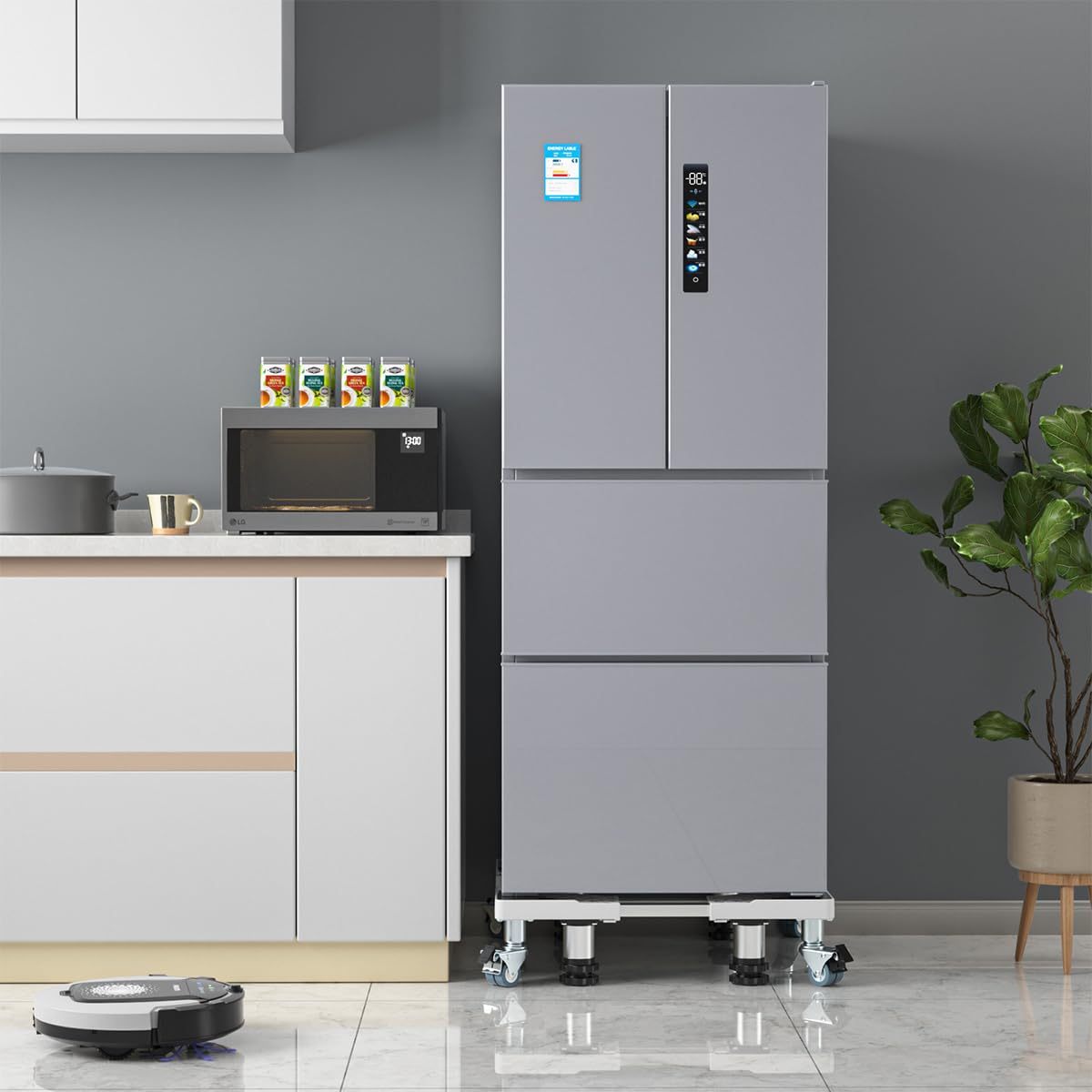 DEWEL 冷蔵庫 台 かさ上げ台 洗濯機台 8輪4ステンレス鋼足 8本鋼管 360度回転 置き台 防水パン 53.5～71cm 長さ調節可能 14∼16cm 高さ調節可能 耐荷重500kg 洗濯パン 防振パッド付き