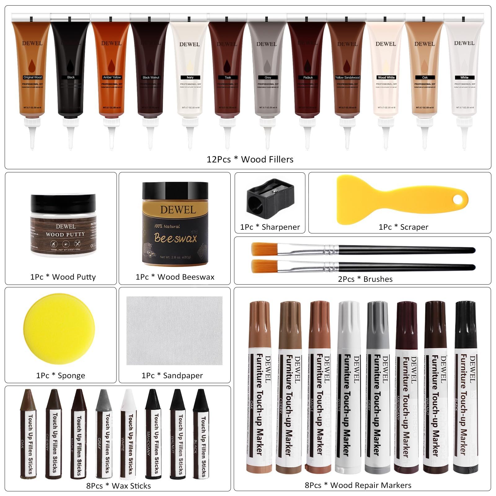 DEWEL フローリング 補修 家具 補修ペン フローリング 穴埋めパテ 木製品キズ補修セット 木工用パテ フローリング ドア 剥がれ 補修 家具補修 家具 傷隠し ペン ネジ穴、ひび割れ、釘目、傷、焼灼、変色など補修