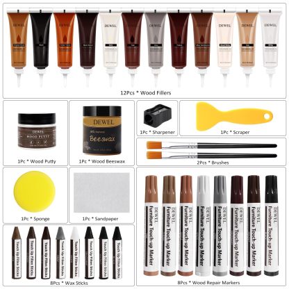 DEWEL フローリング 補修 家具 補修ペン フローリング 穴埋めパテ 木製品キズ補修セット 木工用パテ フローリング ドア 剥がれ 補修 家具補修 家具 傷隠し ペン ネジ穴、ひび割れ、釘目、傷、焼灼、変色など補修