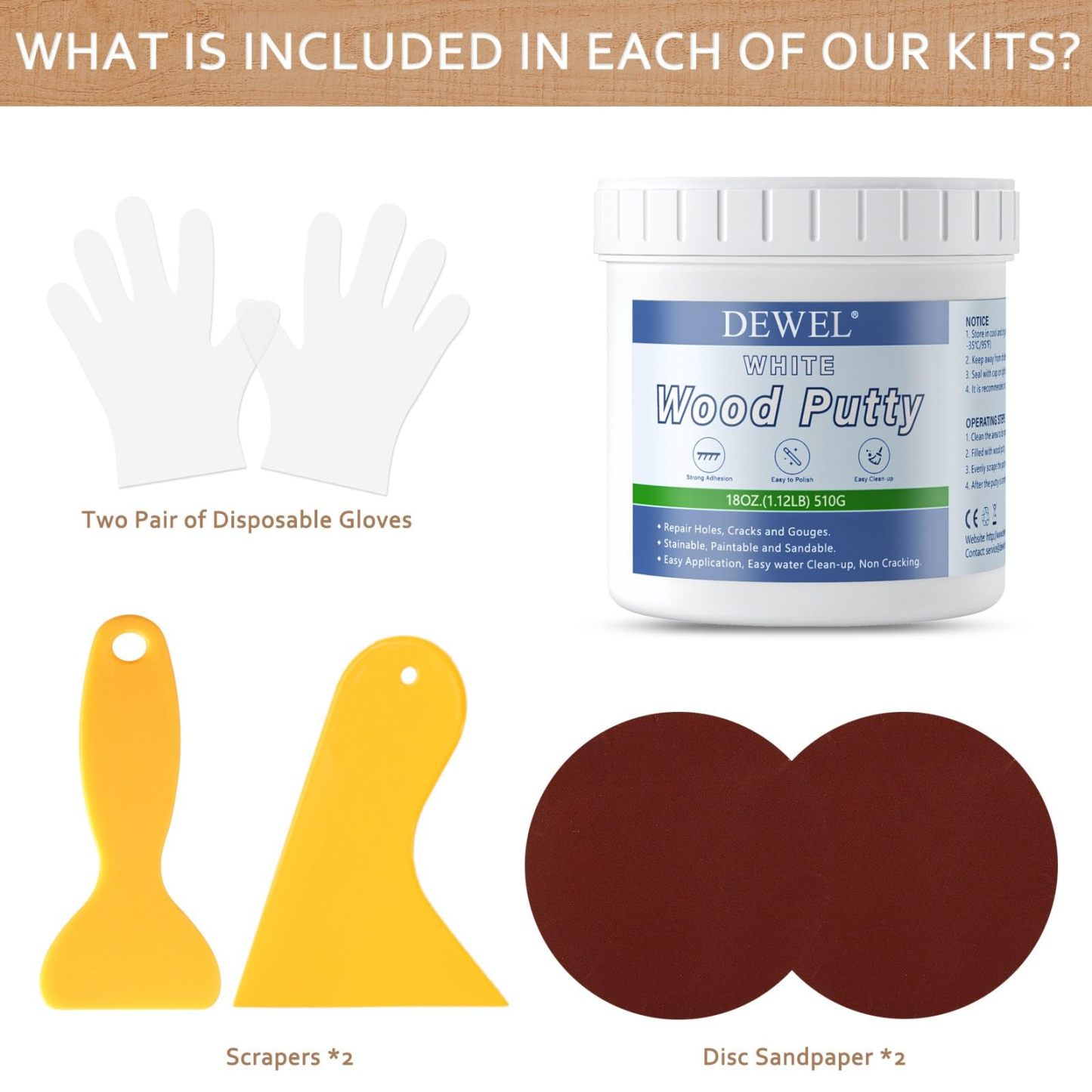 DEWEL 木工パテ 木材 パテ 穴埋めパテ パテ ウッドパテ 木材補修用パテ 補修パテ ウッドフィラーパテ 木製テーブル、戸棚、床、ドアの亀裂など補修 フローリング 補修 スクレーパー付き サンドペーパー付き 手袋付き ホワイト