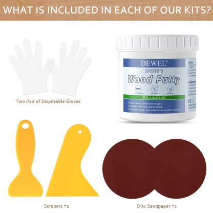 DEWEL 木工パテ 木材 パテ 穴埋めパテ パテ ウッドパテ 木材補修用パテ 補修パテ ウッドフィラーパテ 木製テーブル、戸棚、床、ドアの亀裂など補修 フローリング 補修 スクレーパー付き サンドペーパー付き 手袋付き ホワイト