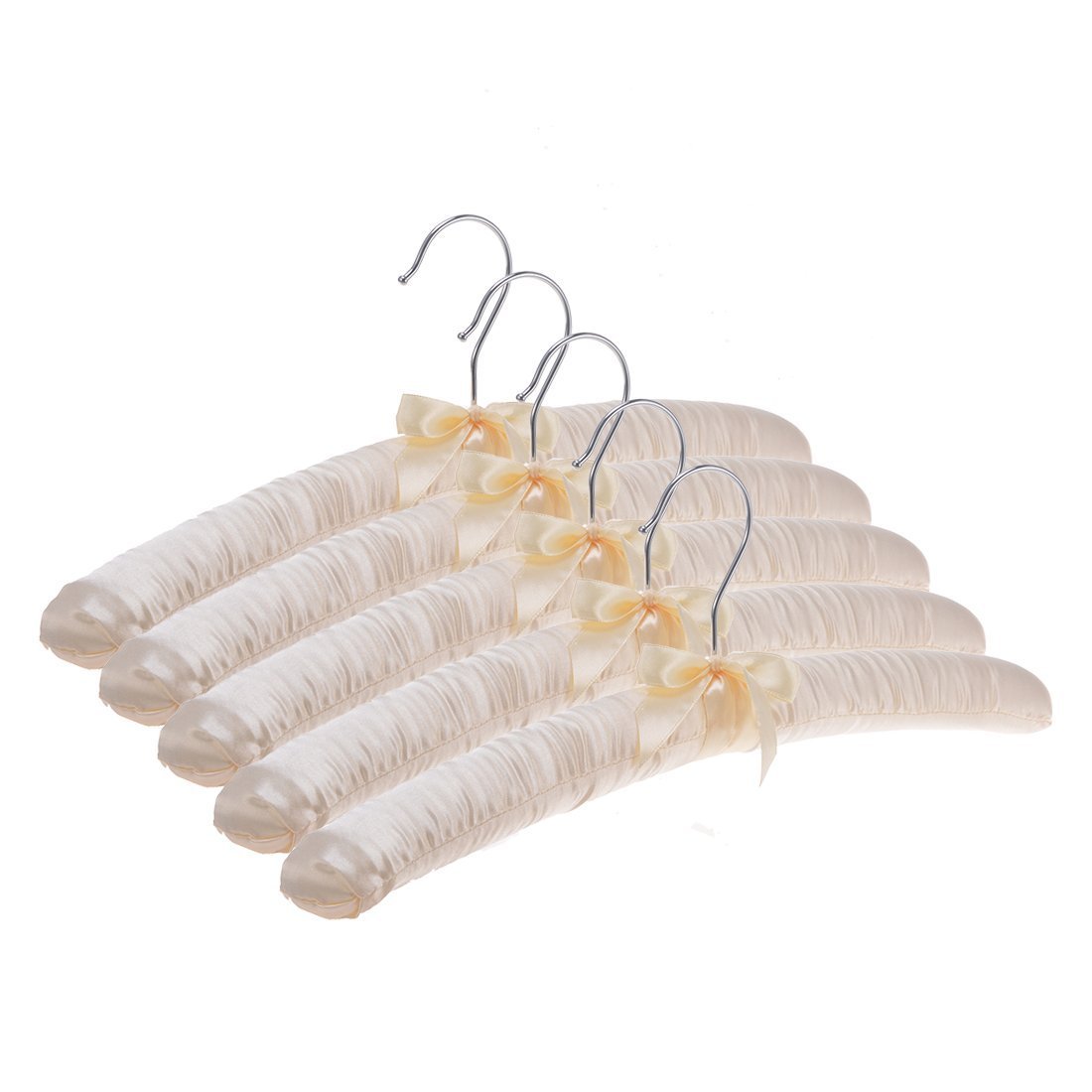 DEWEL スポンジハンガー サテンハンガー 布ハンガー 布製 シルク リボン付き ふっくらハンガー 衣類収納 たんす用 クローゼット ディスプレイ用 ホテルアメニティ 家庭用 客間 ５本セット (ベージュ)