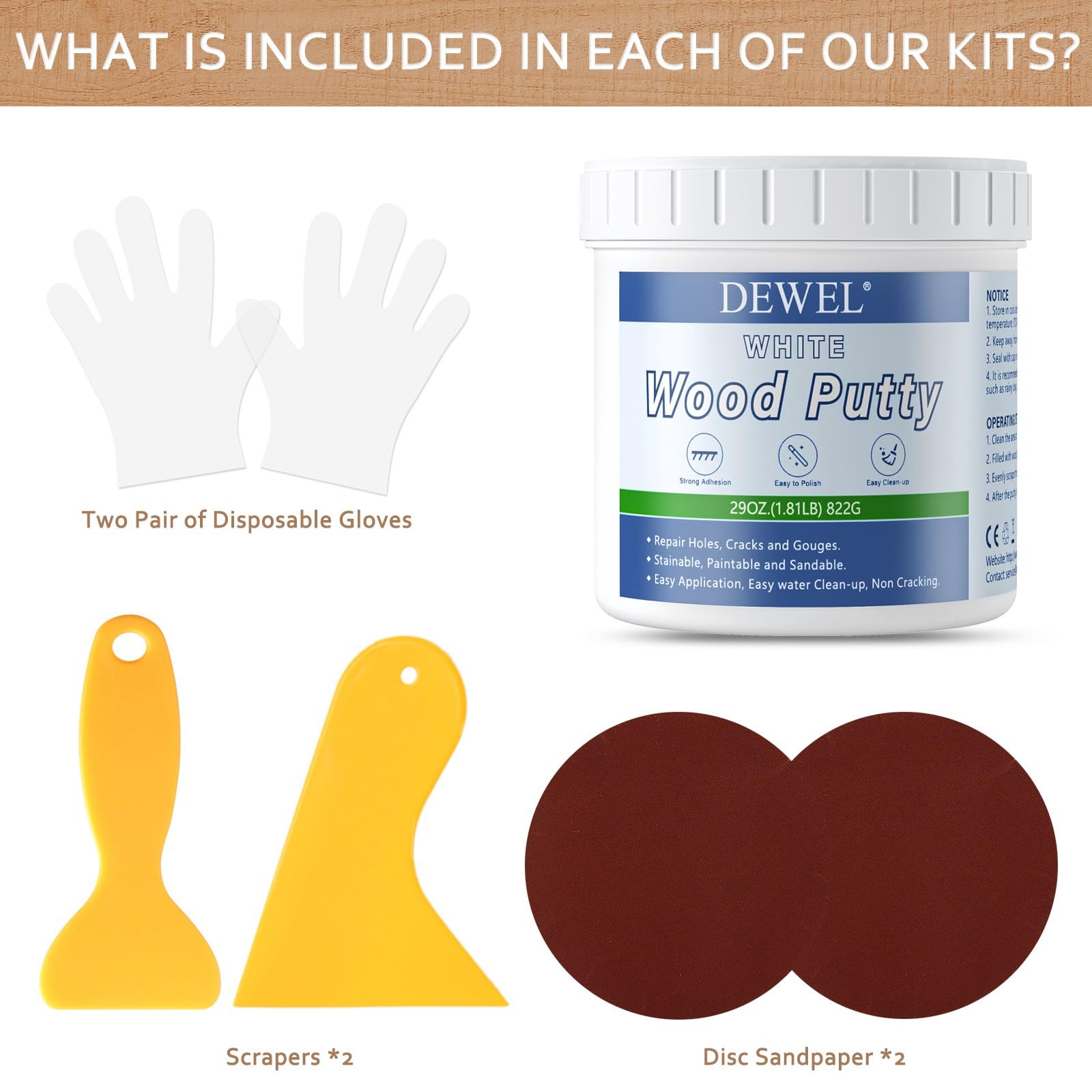 DEWEL 木工パテ 木材 パテ 穴埋めパテ パテ 800g ウッドパテ 木材補修用パテ 補修パテ ウッドフィラーパテ 木製テーブル、戸棚、床、ドアの亀裂など補修 フローリング 補修 スクレーパー付き サンドペーパー付き 手袋付き ホワイト