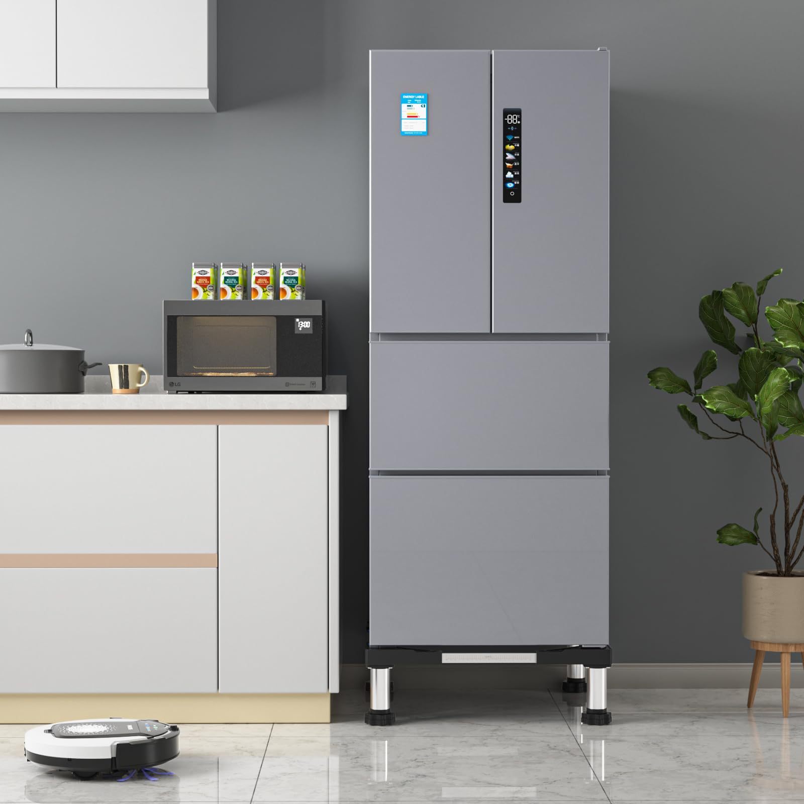 かさ上げ台 洗濯機台 冷蔵庫 置き台 幅/奥行44.5～70cm 昇降可能 18~21cm高度調節 防振パッド付き ステインレス製ジャッキ付き 目盛り 組み立て簡単 ブラック