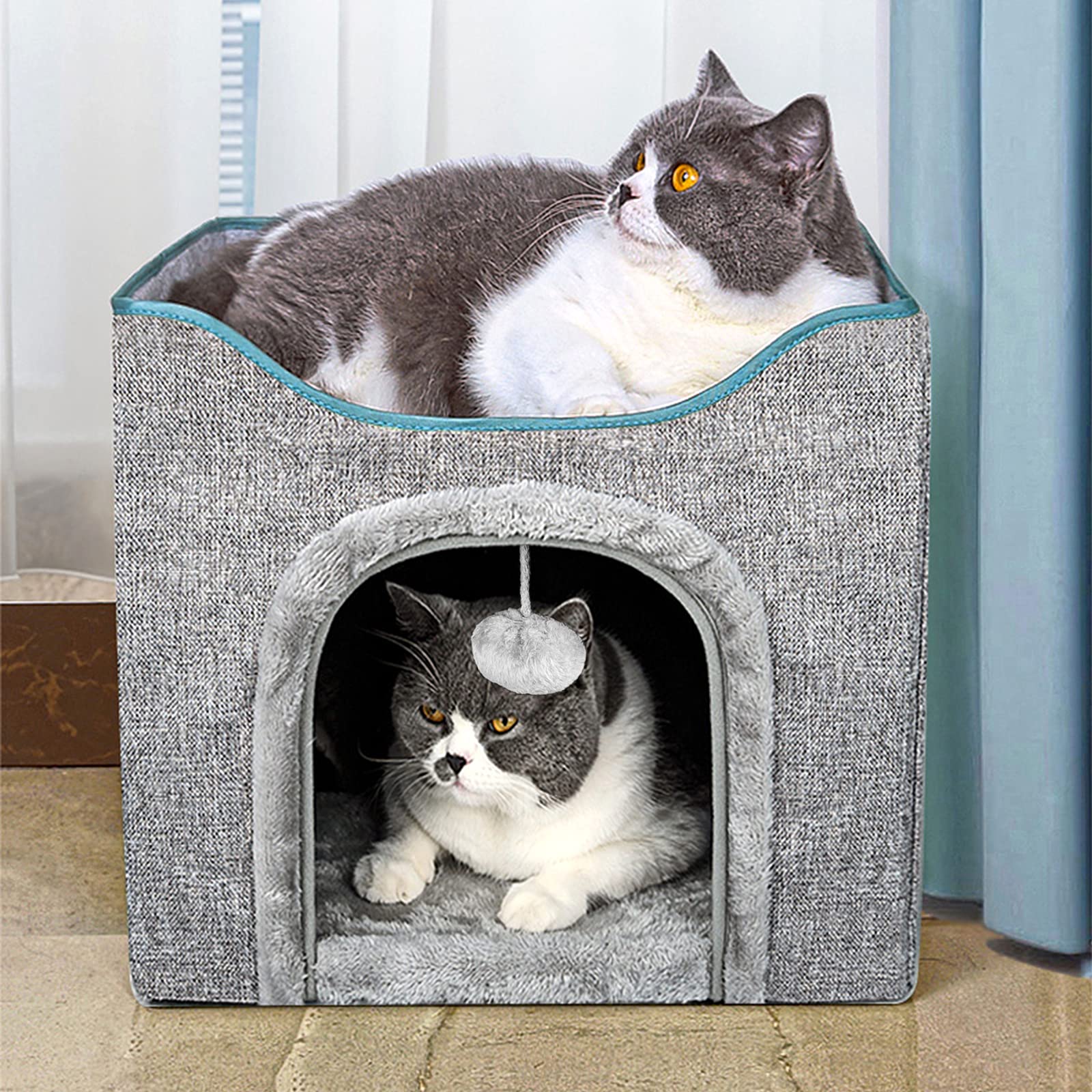 DEWEL 折りたたみ式 猫 ベッド 犬 ハウス ペット クッション ソファー 爪とぎ 二層 猫用 小型犬 多頭用 夏 通年 ふわふわ 組立簡単 お手入れ簡単 幅43 奥行43 高さ35.5cm