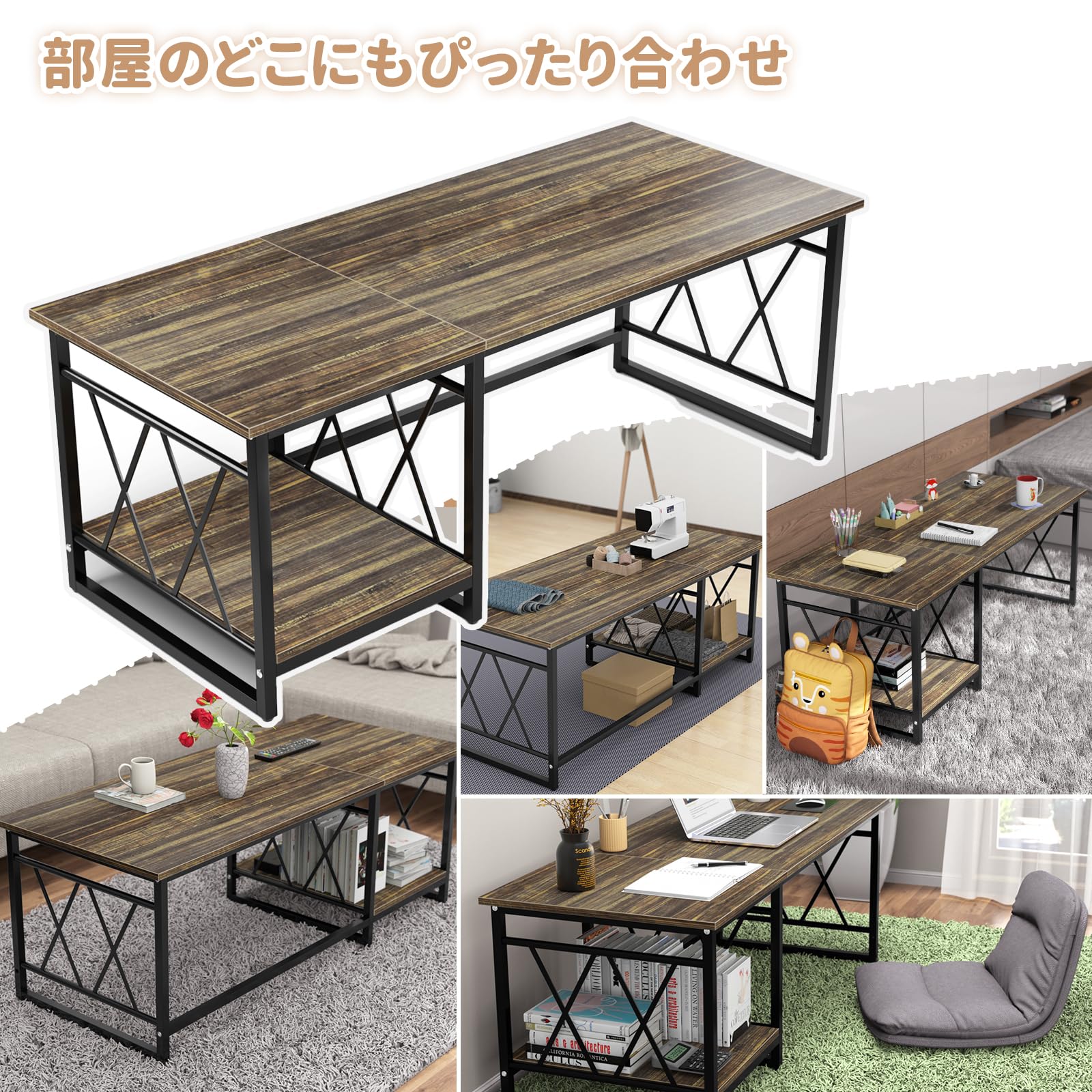 DEWEL ローテーブル テーブル 収納棚付き リビングテーブル センターテーブル ロータイプ ちゃぶ台 座卓 幅100×奥行50 一人暮らし アジャスター付き リビング 和室 作業 勉強 食卓用 テレワーク 高さ36cm 在宅勤務 おしゃれ 木製