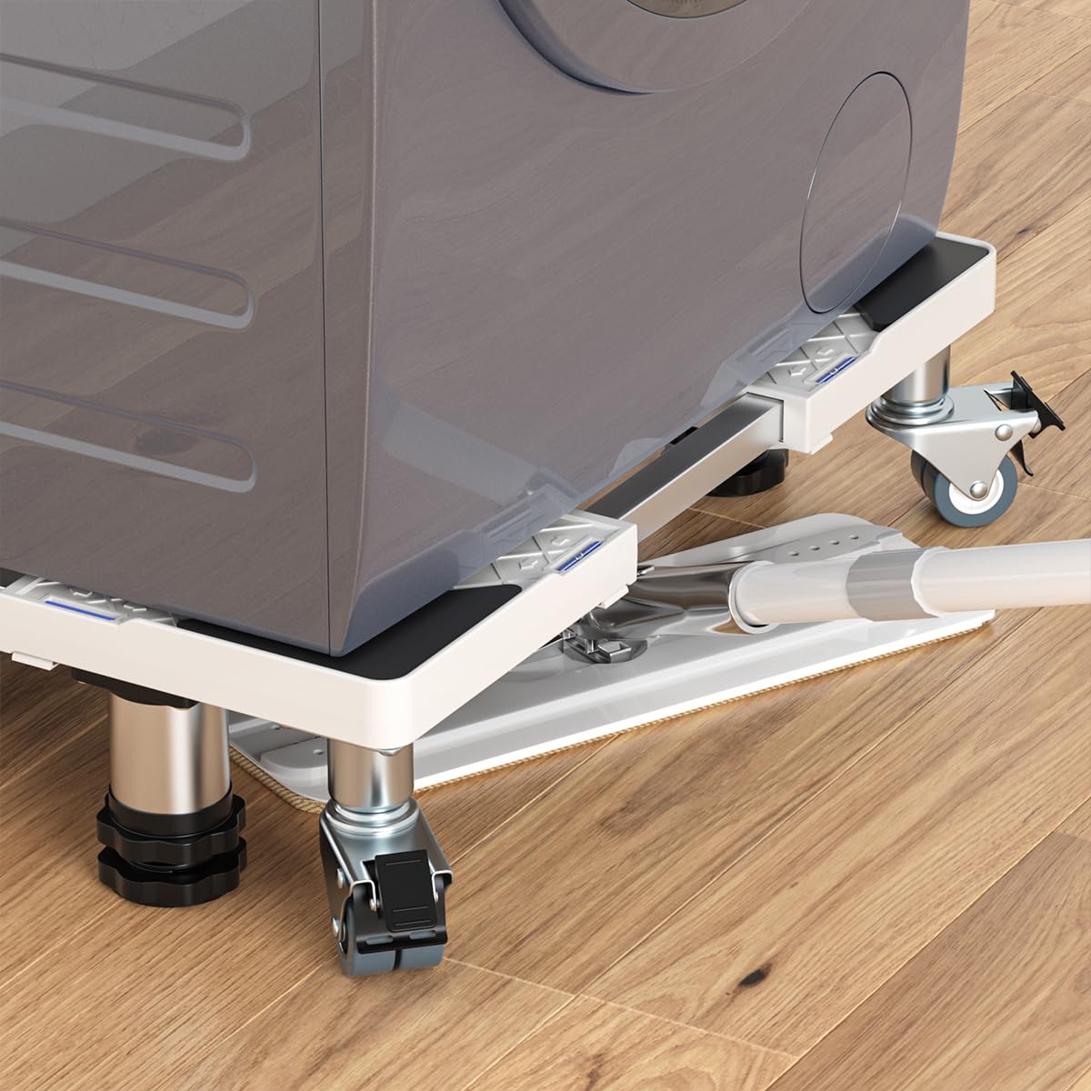 DEWEL 冷蔵庫 台 かさ上げ台 洗濯機台 8輪4ステンレス鋼足 8本鋼管 360度回転 置き台 防水パン 53.5～71cm 長さ調節可能 14∼16cm 高さ調節可能 耐荷重500kg 洗濯パン 防振パッド付き