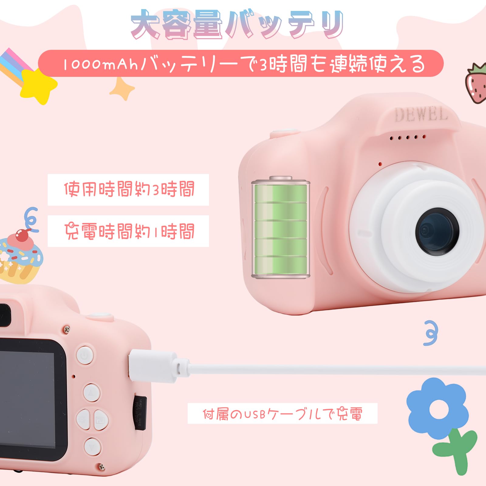 DEWEL キッズカメラ 子供用 トイカメラ 2.0イン SDカード付き 男の子 女の子 おもちゃカメ IPS 32GB 1080P HD録画 4000万画素 8倍ズーム ゲーム搭載 大容量バッテリー プレゼント 誕生日 ギフト 日本語説明書付き (ピンク)