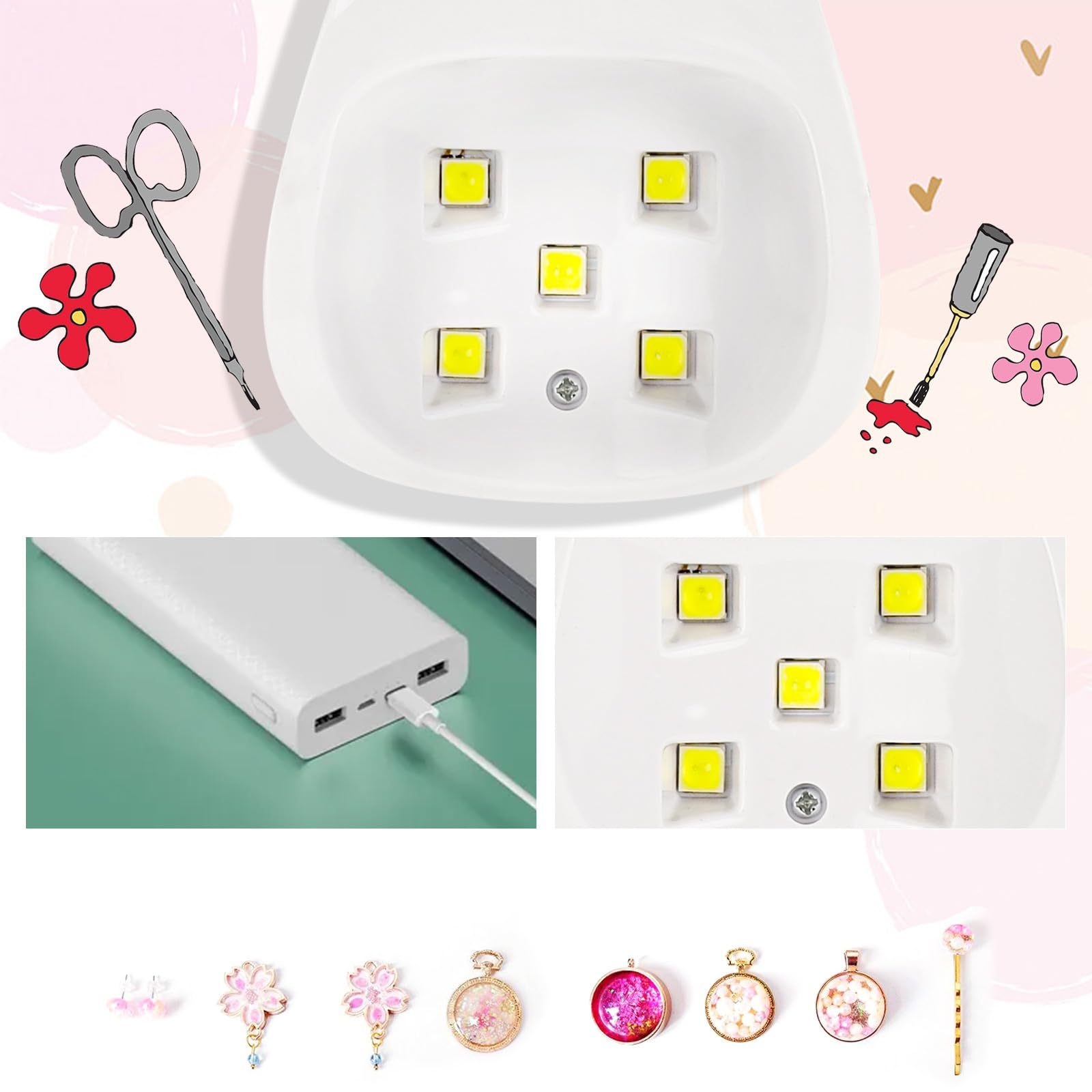 ネイルライト ネイルドライヤー UVライト 15W 5LEDs 充電式 LEDネイルドライヤー 持ち運びやすい ジェルネイル LEDライト 硬化ライト タイマー設定可能 ジェルネイル用 レジン用 レジンクラフト用 2階段タイマー機能 タイマー ホワイト 日本語説明書付き コードレス