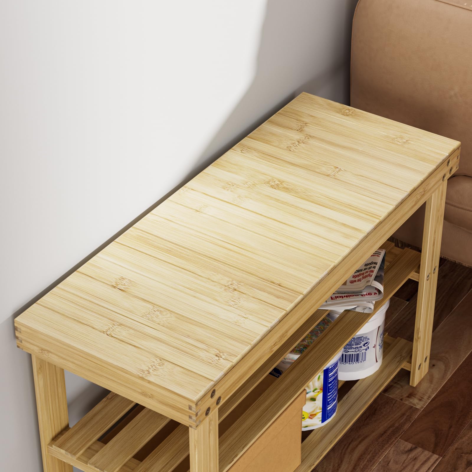 DEWEL 玄関ベンチ 履き替えベンチ シューズラック 竹製 ２段 幅70cm×奥行き28cm×高さ44.8cm 組立簡単 靴履きベンチ 靴ラック 省スペース玄関 玄関に靴を効率収納 玄関椅子 物置棚 ラックベンチ 木製ベンチ 靴箱 収納 室内 靴棚 靴入れ フットスツール 木色 玄関ベンチ 収納