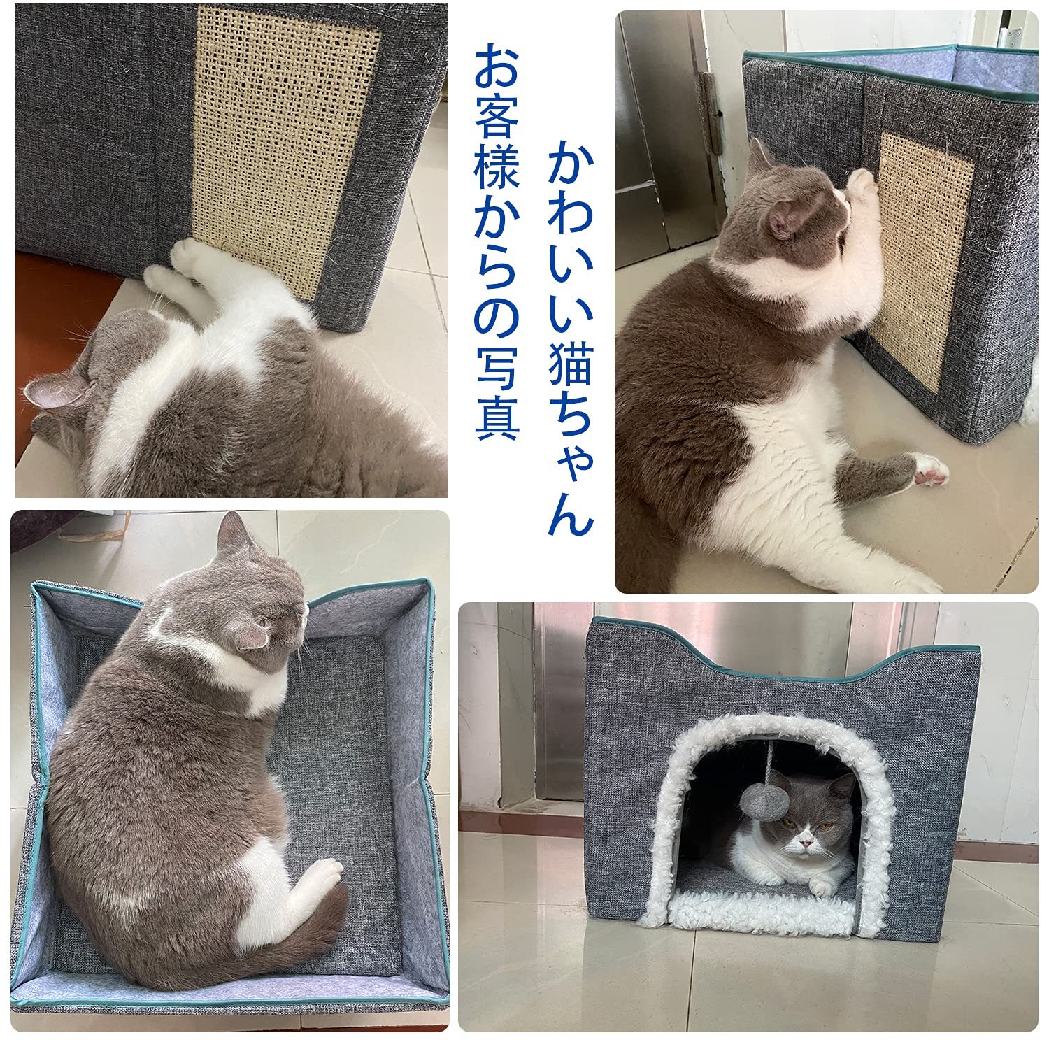 DEWEL 折りたたみ式 猫 ベッド 犬 ハウス ペット クッション ソファー 爪とぎ 二層 猫用 小型犬 多頭用 夏 通年 ふわふわ 組立簡単 お手入れ簡単 幅43 奥行43 高さ35.5cm