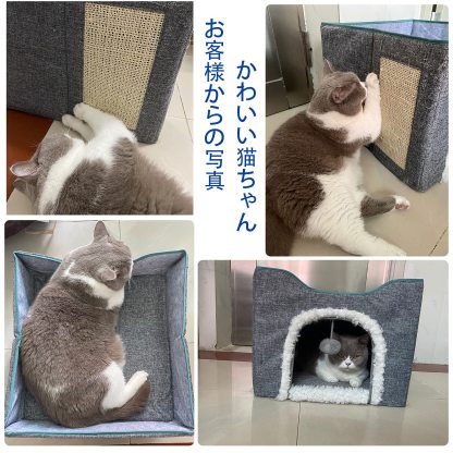 DEWEL 折りたたみ式 猫 ベッド 犬 ハウス ペット クッション ソファー 爪とぎ 二層 猫用 小型犬 多頭用 夏 通年 ふわふわ 組立簡単 お手入れ簡単 幅43 奥行43 高さ35.5cm