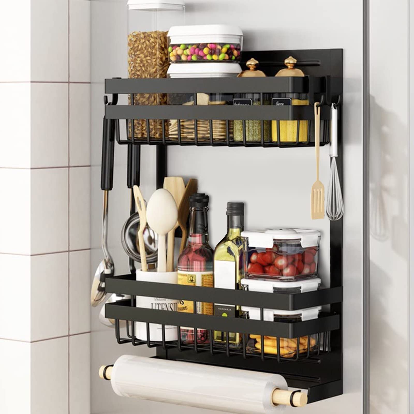 DEWEL 冷蔵庫ラック 洗濯機収納ラック マグネットラック 調味料ラック 冷蔵庫 洗濯機壁収納ラック ブラック 耐加重 10KG 3層