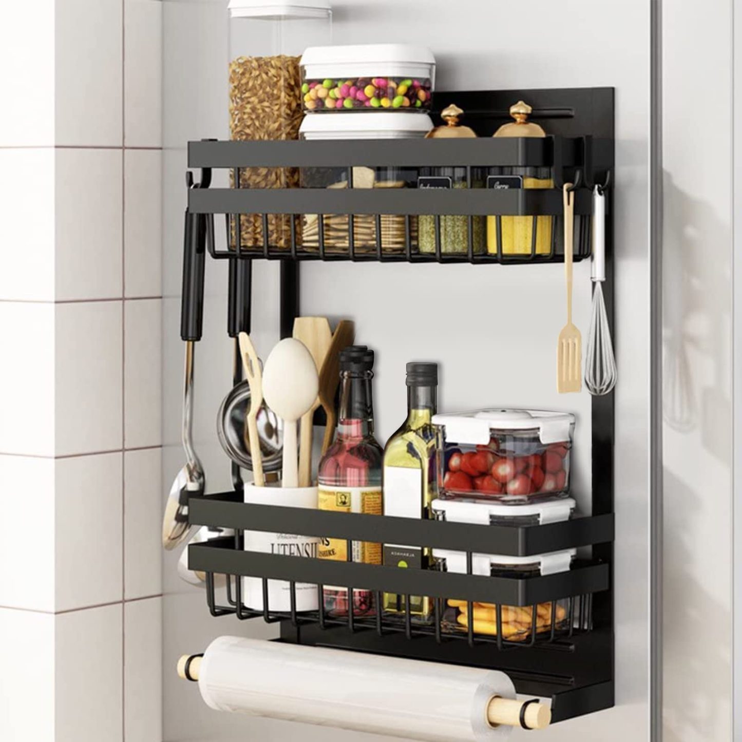 DEWEL 冷蔵庫ラック 洗濯機収納ラック マグネットラック 調味料ラック 冷蔵庫 洗濯機壁収納ラック ブラック 耐加重 10KG 3層