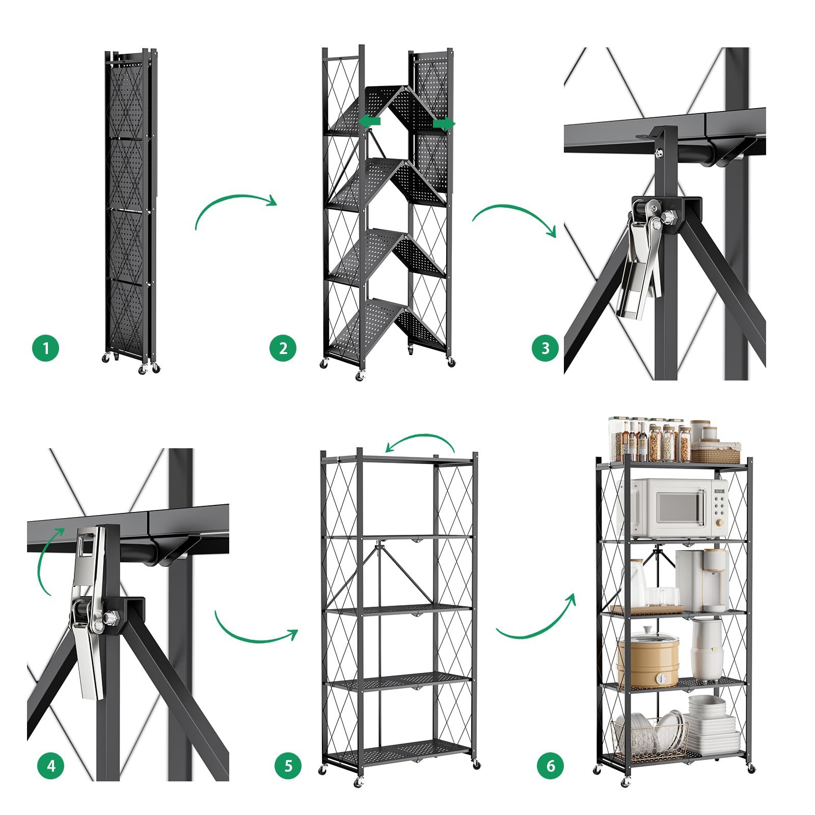 DEWEL 折り畳みラック 折りたたみ式スチールラック メタルラック 5層 幅71CM 360°キャスター付き ラック 収納ラック 収納棚 オープンラック 移動便利 防サビ加工 組立簡単 レンジ台 食器棚 寝室 書斎 応接間 幅71×奥行35×高さ161cm