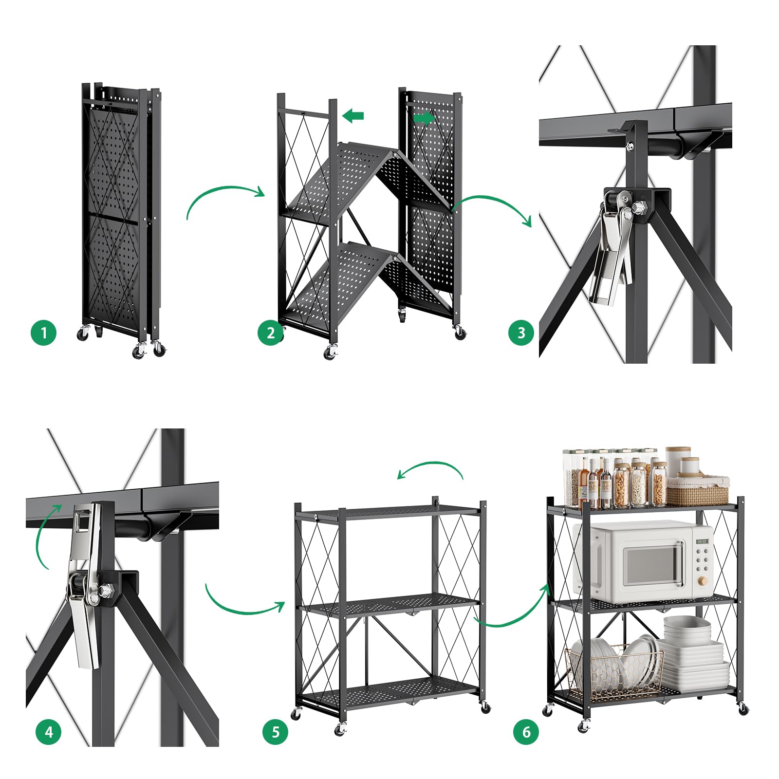 DEWEL 折り畳みラック 折りたたみ式スチールラック メタルラック 3層 幅71CM 360°キャスター付き ラック 収納ラック 収納棚 オープンラック 移動便利 防サビ加工 組立簡単 レンジ台 食器棚 寝室 書斎 応接間 幅71×奥行35×高さ87cm