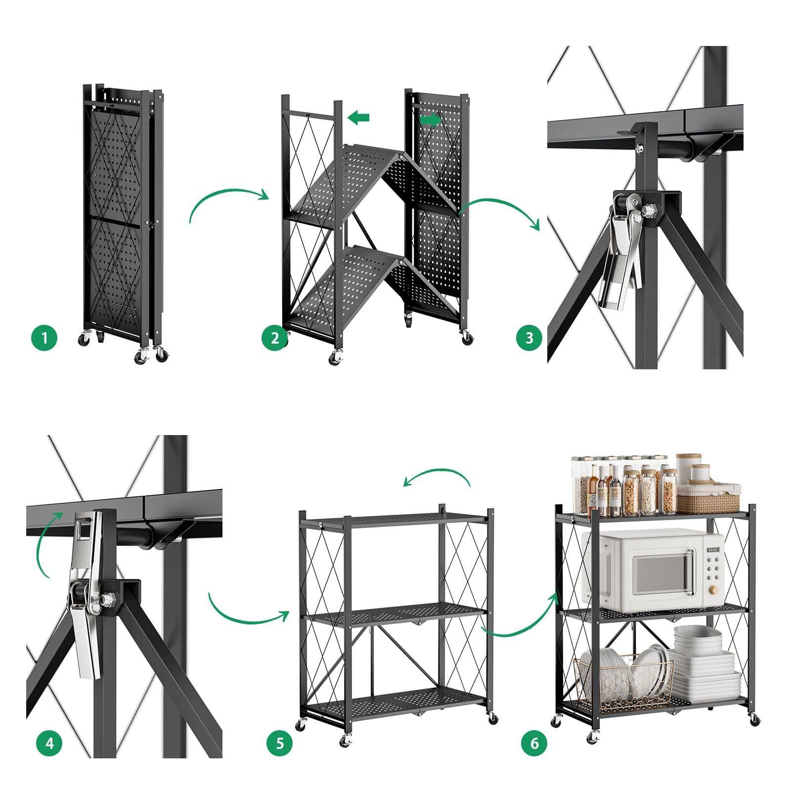 DEWEL 折り畳みラック 折りたたみ式スチールラック メタルラック 3層 幅71CM 360°キャスター付き ラック 収納ラック 収納棚 オープンラック 移動便利 防サビ加工 組立簡単 レンジ台 食器棚 寝室 書斎 応接間 幅71×奥行35×高さ87cm