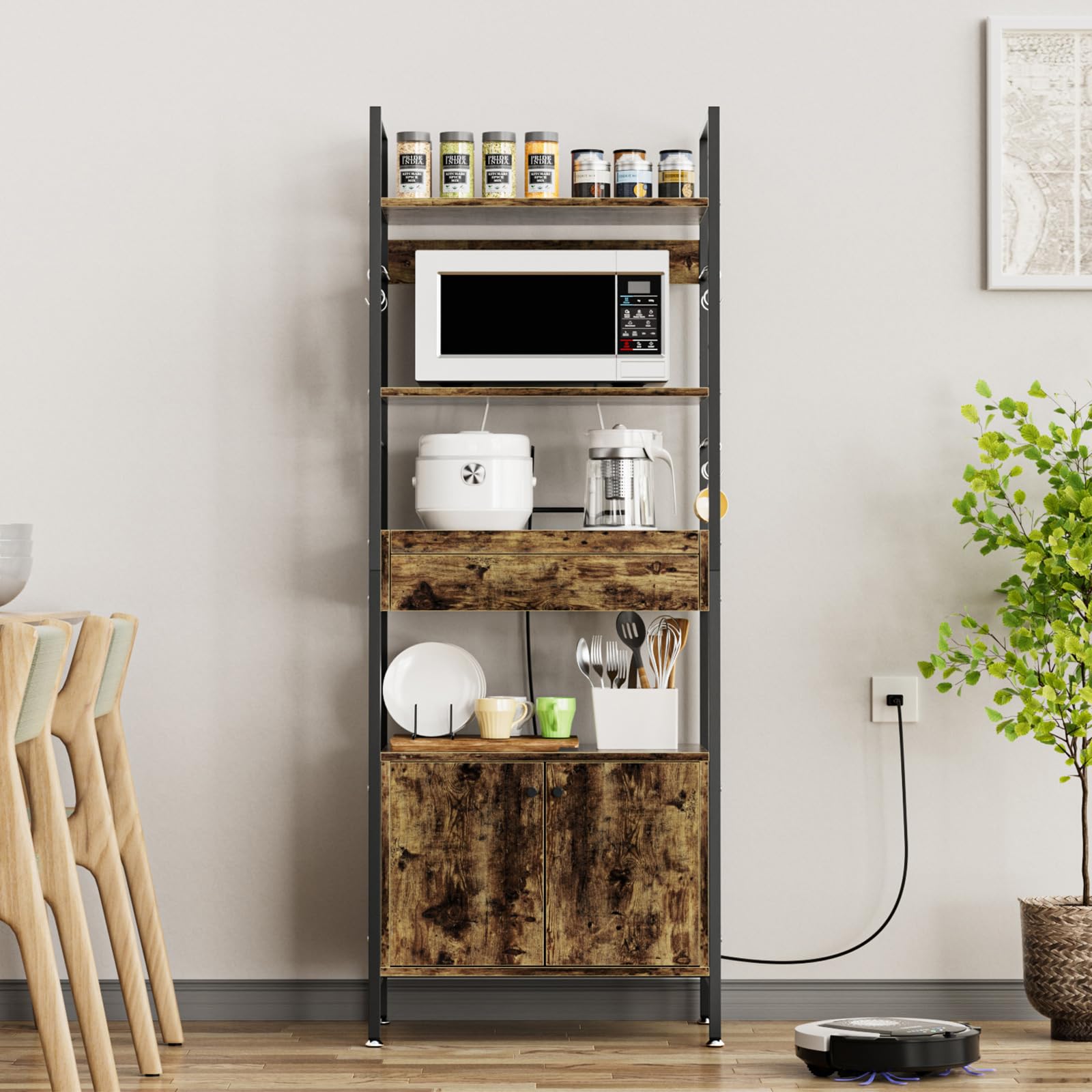 DEWEL キッチンラック キッチンワゴンスリム レンジ台 扉付き食器棚 幅60×奥行36×高さ162.5cm 6段式 レンジラック レンジボード ベイカーラック カウンターキッチン キッチン収納 大型レンジ対応 一人暮らし スライド棚 高さ調整可動棚 引き出し付き 3口コンセント付き&S字フック6個付き オープンシェルフ レトロカラー