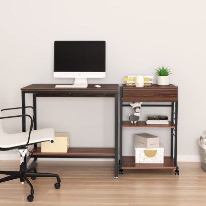 プリンター台 キャスター付き DE WEL 複合機ラック 3段 引き出し付き 中棚調整 幅50cm 奥行40cm 机上＆机下台 中棚5段階高さ調節可能 A4ファイル対応 総耐荷重60kg パソコンワゴン プリンターラック PCラック サイドワゴン プリンターワゴン プリンターカート 高安定性 防錆び 組立簡単 大空間 収納便利 移動便利 キッチン収納 オフィス 家庭用 おしゃれ ウォルナット