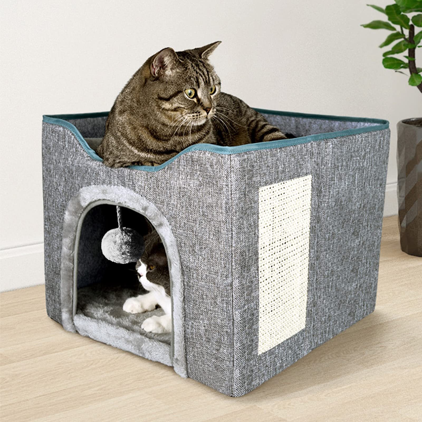 DEWEL 折りたたみ式 猫 ベッド 犬 ハウス ペット クッション ソファー 爪とぎ 二層 猫用 小型犬 多頭用 夏 通年 ふわふわ 組立簡単 お手入れ簡単 幅43 奥行43 高さ35.5cm