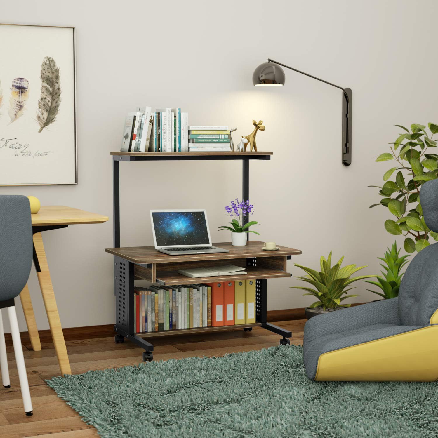 DEWEL ローデスク パソコンデスク ロータイプ テレワーク用 収納棚付 キーボードテーブル付 プリンターラック キャスター付 移動便利 机 pcデスク パソコンラック 収納ラック付き 木製 テーブル 木目柄 PCラック 省スペース シンプルワークデスク 学習机 80X50X100cm(天板の高さ:45cm)