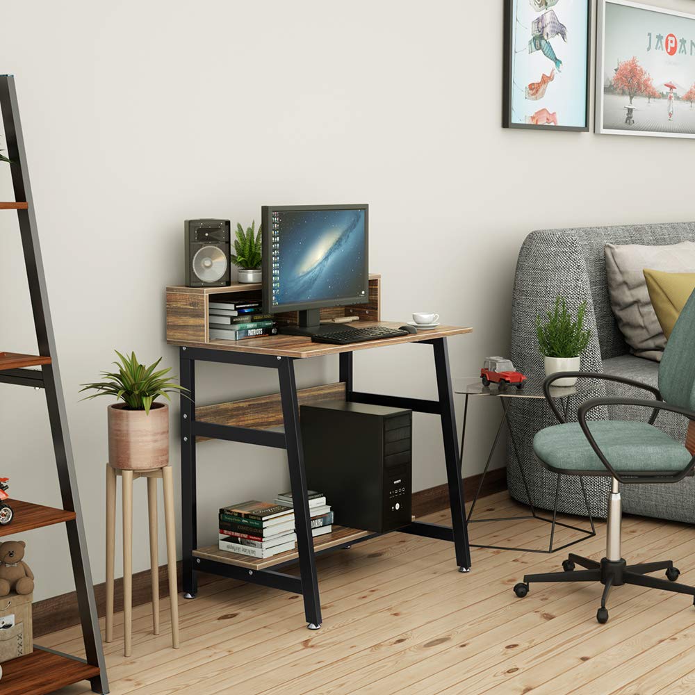 DEWEL パソコンデスク 机 テレワーク用 モニタースタンド付き 幅80cm 高さ90cm 耐荷重70kg pcデスク ワークデスク オフィスデスク ハーデスク 収納ラック付き 収納つきデスク 勉強デスク 勉強机 木製 シンプル 木目柄 メラミン加工 在宅勤務 シンプル 80X50X90cm