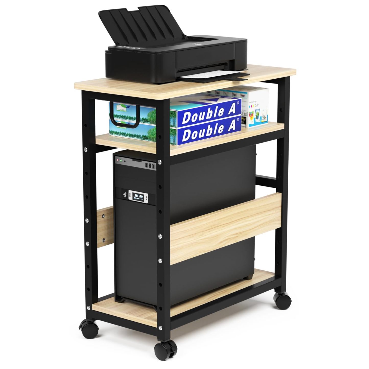 DEWEL パソコンワゴン pcワゴン cpuワゴン 3段 キャスター付き 取っ手付き 棚板高さ調節可能 幅60 奥行き30 高さ70cm ナチュラル