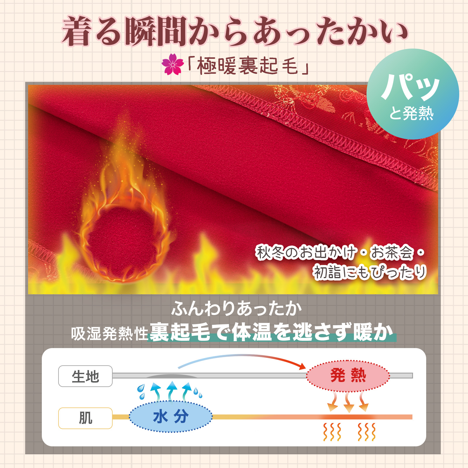 【極暖裏起毛】Monokimi和装ブラ付きスリップ  8分袖 1枚3役 胸補正機能付き 秋冬 防寒 保温  ファスナー式（赤色）