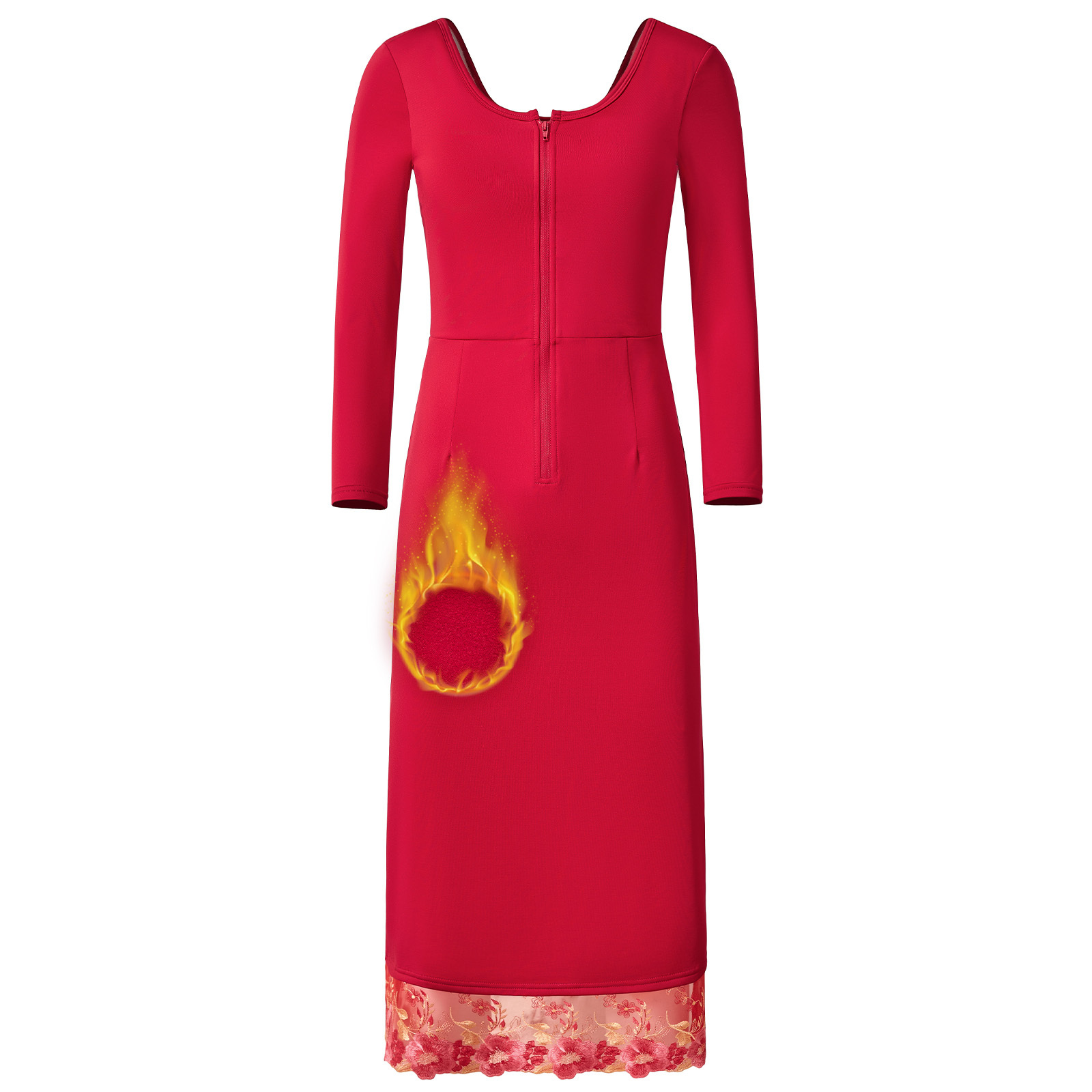 【極暖裏起毛】Monokimi和装ブラ付きスリップ  8分袖 1枚3役 胸補正機能付き 秋冬 防寒 保温  ファスナー式（赤色）