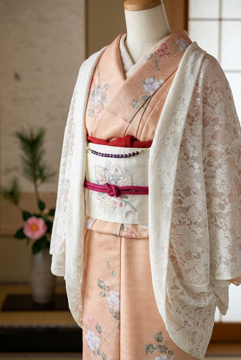 Monokimi モモンガコート 総レース 和装羽織 春秋向け 薄手 透け感 上質仕立て チェーン付き フリーサイズ （身丈87cm）