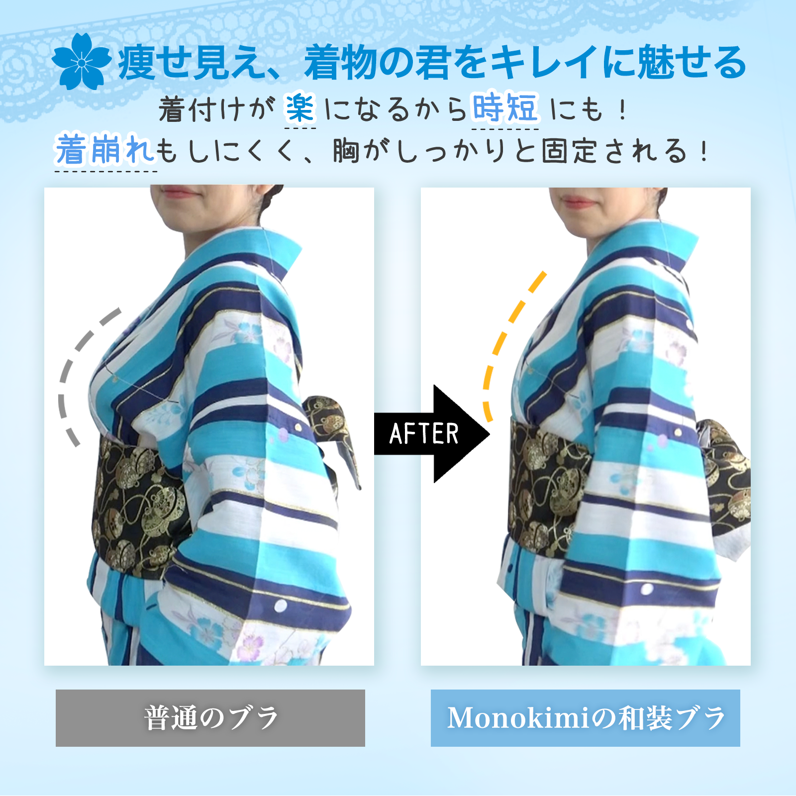 【夏の限定色】Monokimi レース和装ブラ 冷感メッシュ素材 水色【一級和裁士共同開発】