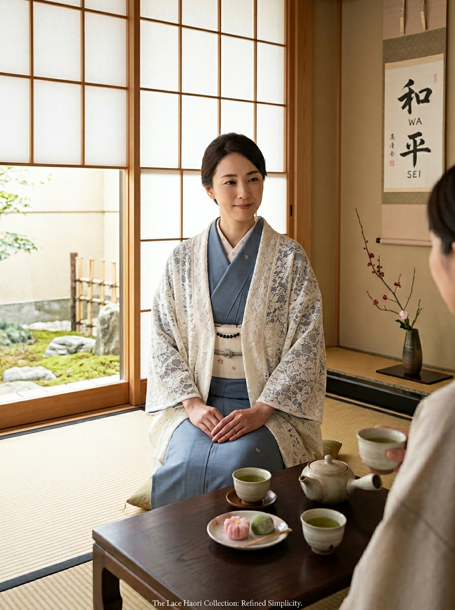 Monokimi モモンガコート 総レース 和装羽織 春秋向け 薄手 透け感 上質仕立て チェーン付き フリーサイズ （身丈87cm）