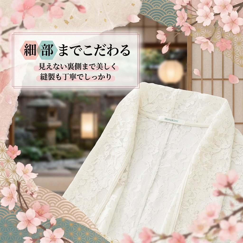 Monokimi モモンガコート 総レース 和装羽織 春秋向け 薄手 透け感 上質仕立て チェーン付き フリーサイズ （身丈87cm）