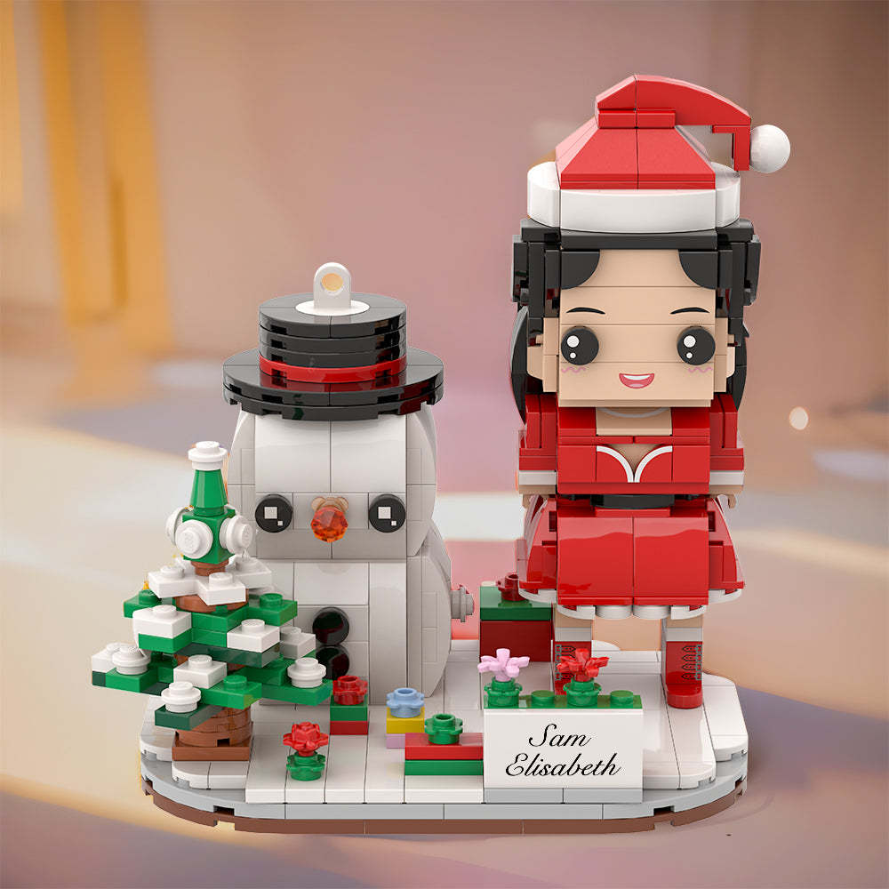有趣的聖誕禮物個人化積木公仔，帶有聖誕底座和雪人 - MyCustomBrickheadz