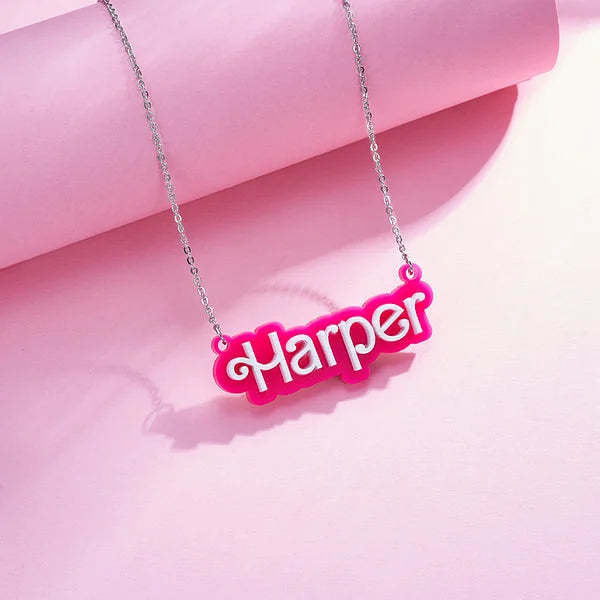 Personalized Pink and White Barbi Doll Acrylic Necklace with Name Birthday Valentine's Day Gift for Her - MadeMineAU