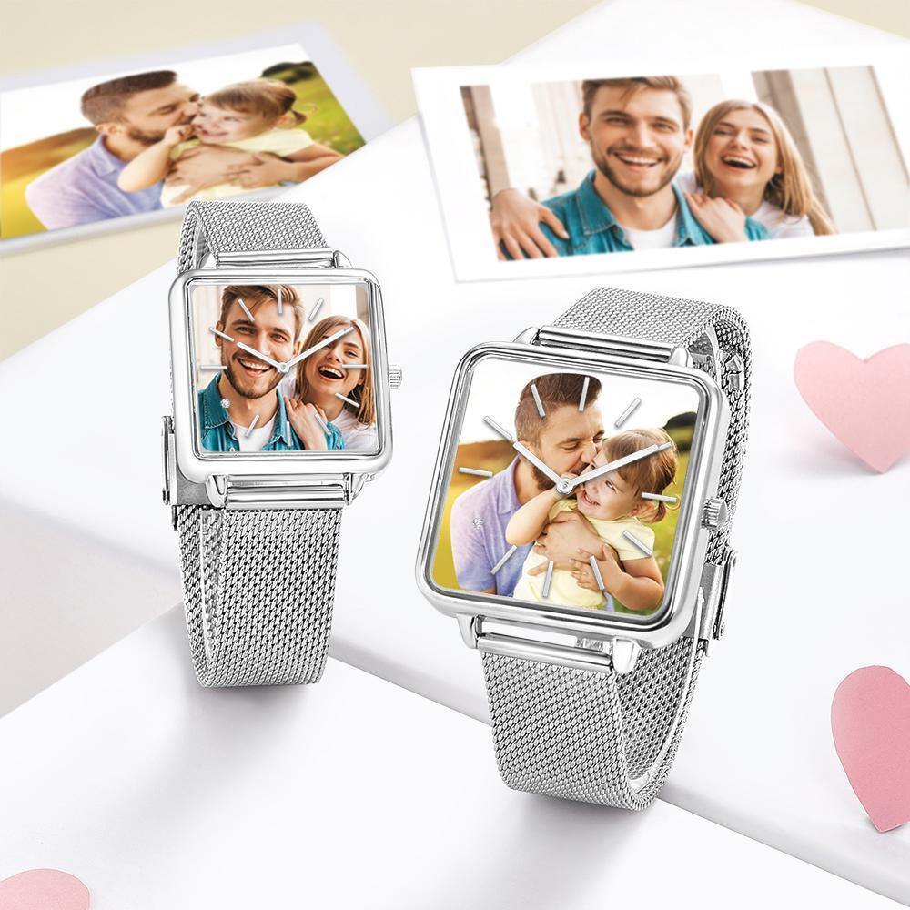 Custom Couple Watch Engraved Photo Watch - Silver Square Case Watch - MadeMineAU