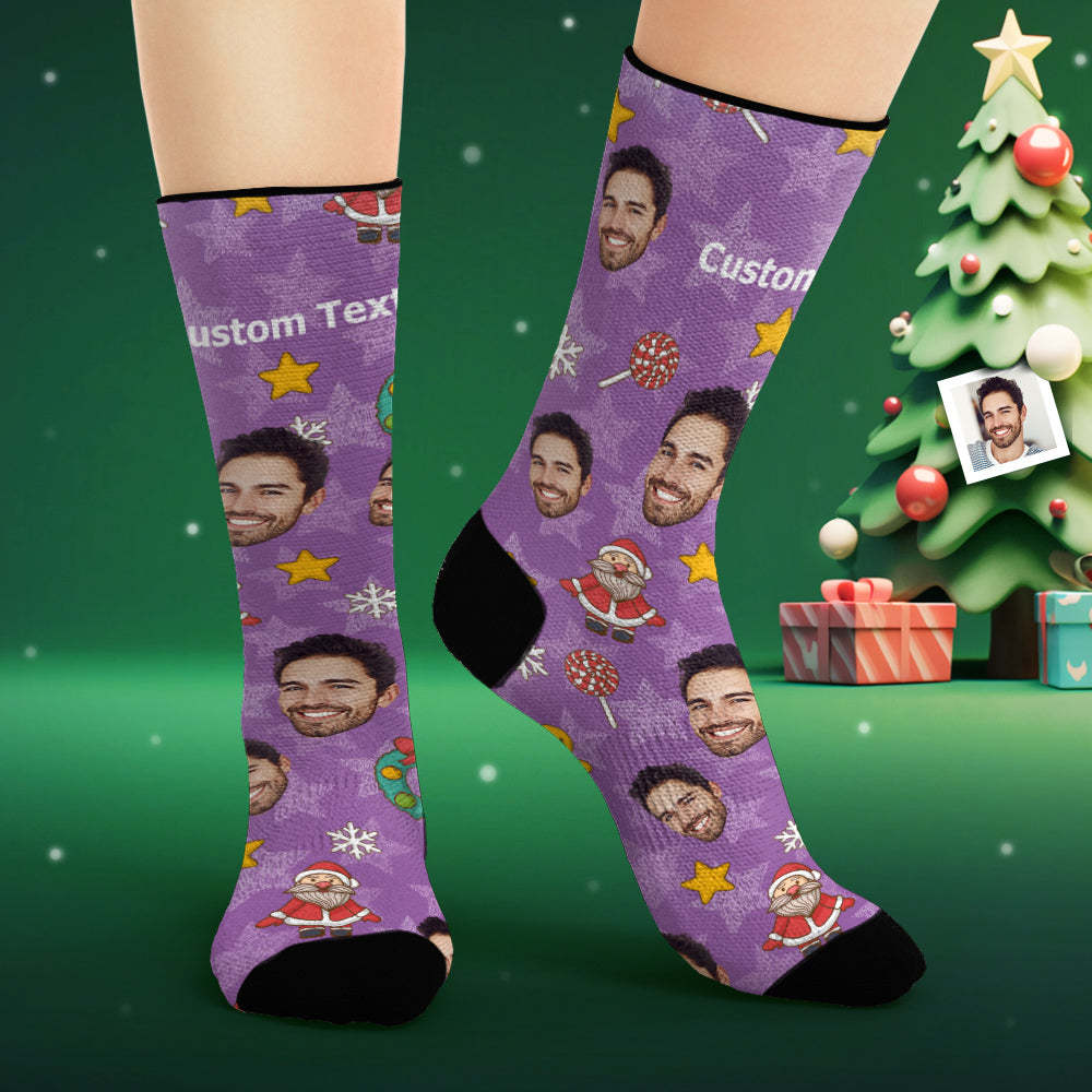 Custom Face Socks Personalized Photo Purple Socks Cartoon Christmas Elements - MadeMineAU