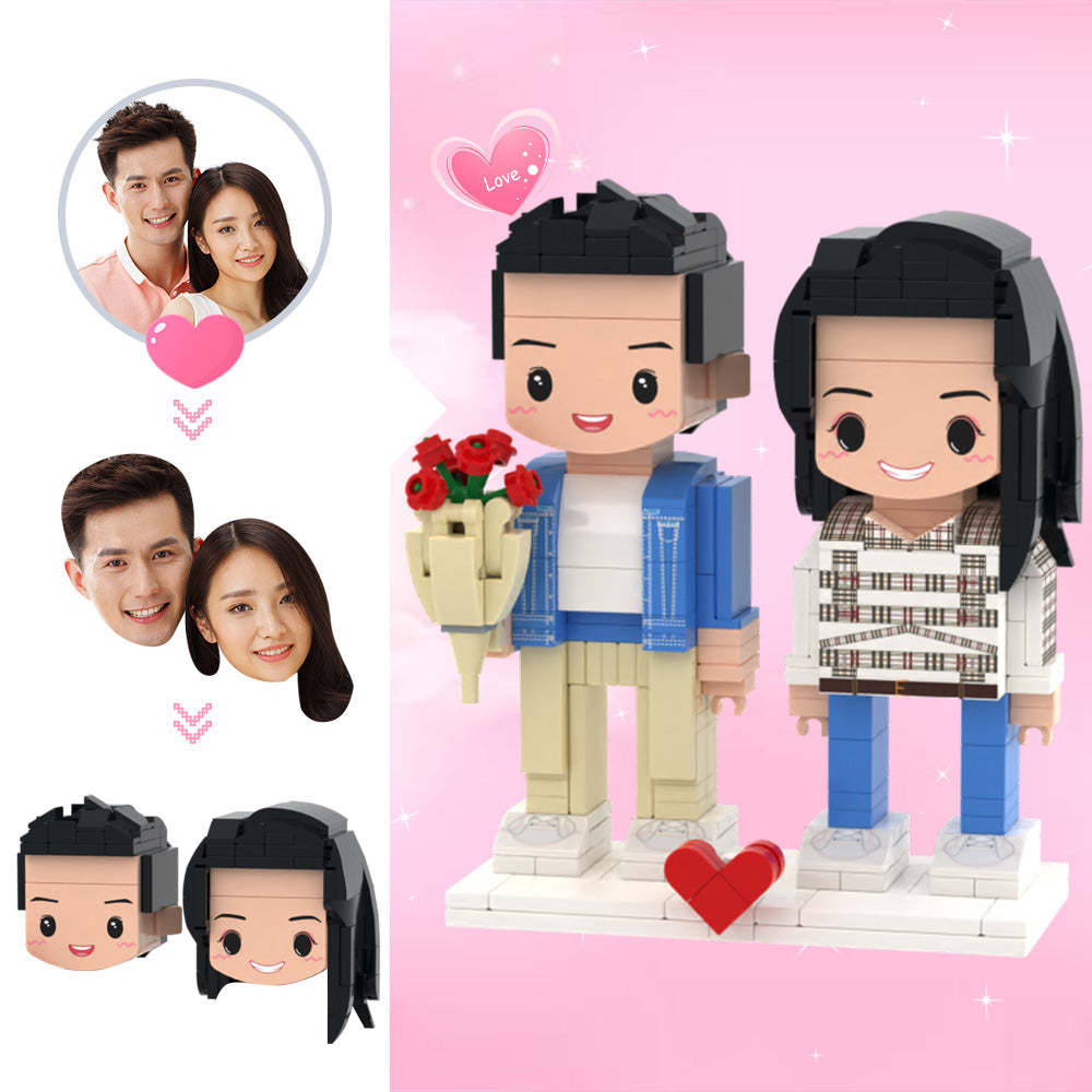 Custom Head Cute Brick Figures Personalized 2 People Cute Brick Figures Couple with Rose Brick Figures - MadeMineAU