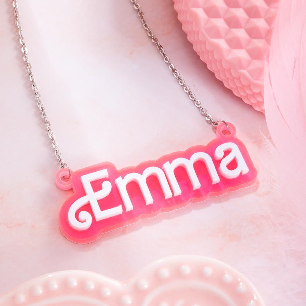 Personalized Pink and White Barbi Doll Acrylic Necklace with Name Birthday Valentine's Day Gift for Her - MadeMineAU
