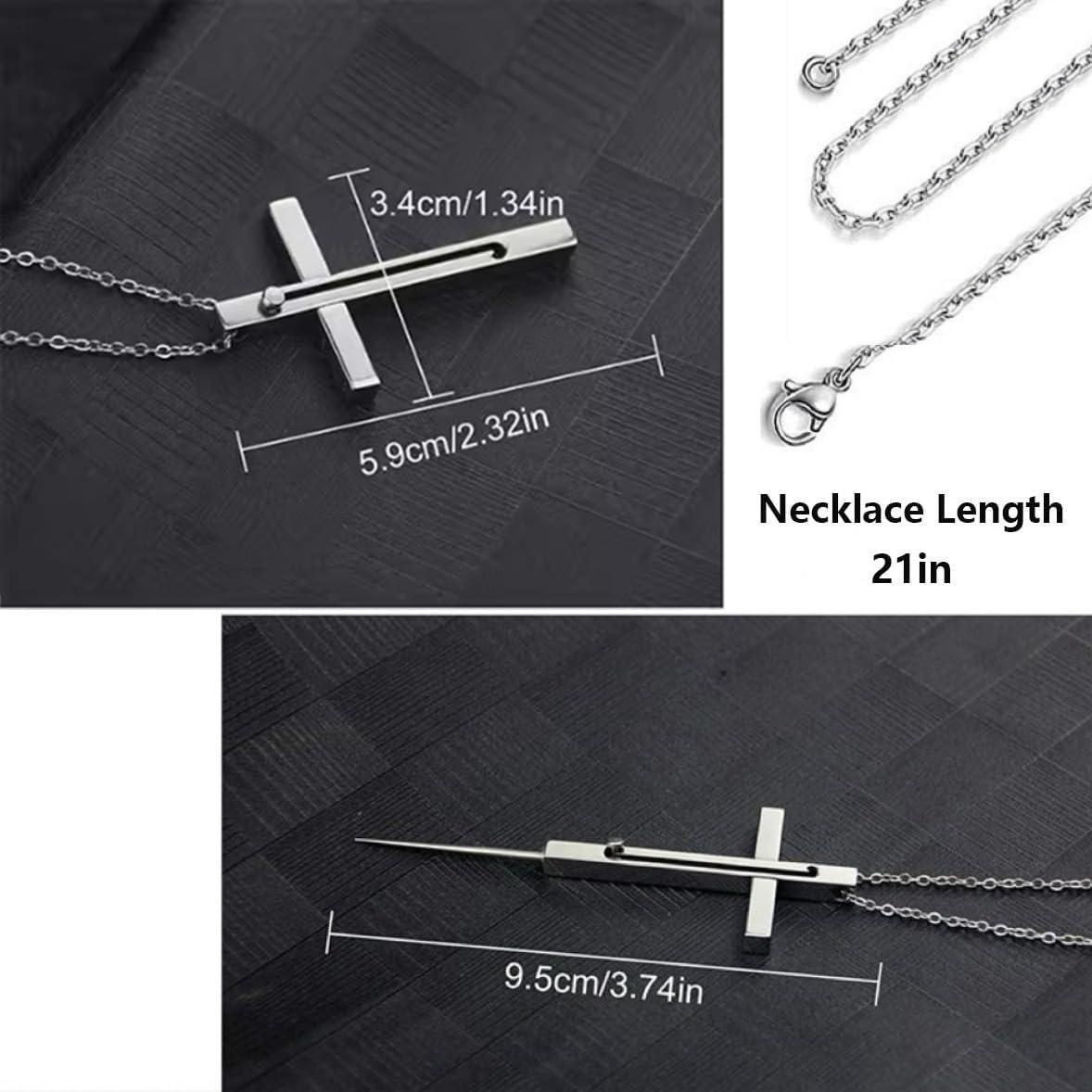 Self Defense Cross Necklace, 21 inch Chain, Stainless Steel Hidden Protection Tool with Safety Lock - MademineAU