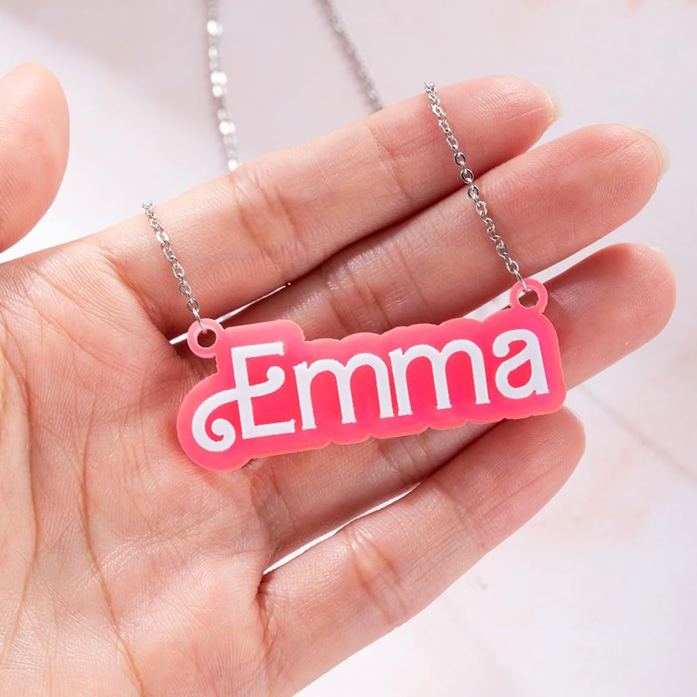 Personalized Pink and White Barbi Doll Acrylic Necklace with Name Birthday Valentine's Day Gift for Her - MadeMineAU
