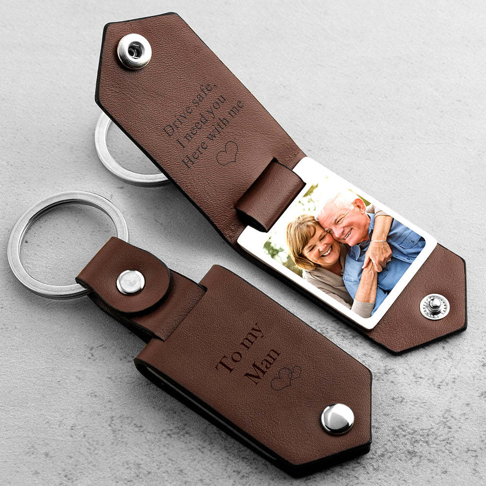 Drive Safe Keychain to My Lover to My Man Custom Leather Photo Text Keychain with Engraved Text for Him - myphotowalletau