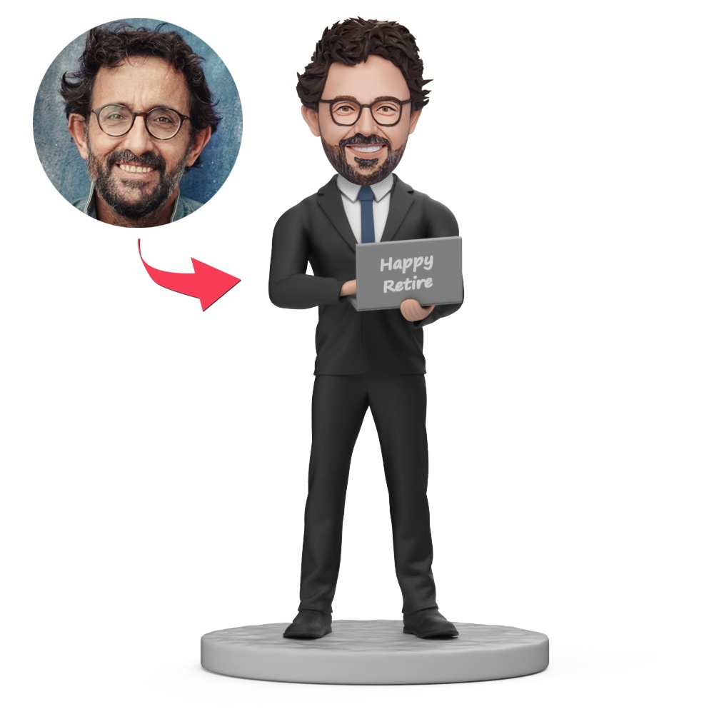 Male Happy Retire with Computer Custom Bobblehead with Engraved Text Gift for Retire