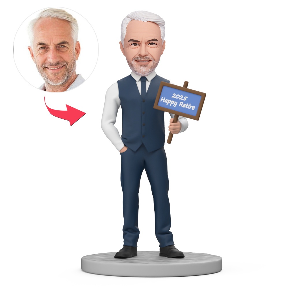 Man Wear Blue Work Uniform 2025 Happy Retire Custom Bobblehead with Engraved Text