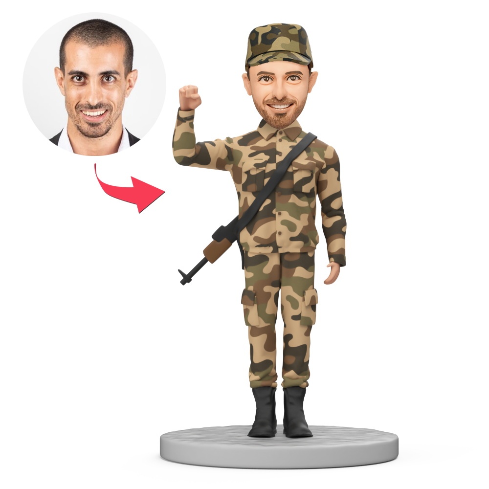 Man Soldier with Raised Fist Custom Bobblehead with Engraved Text