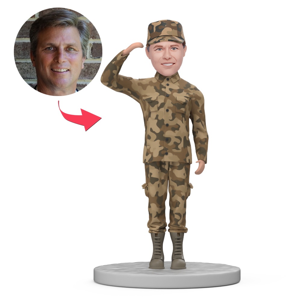 Military Man Salute Custom Bobblehead with Engraved Text