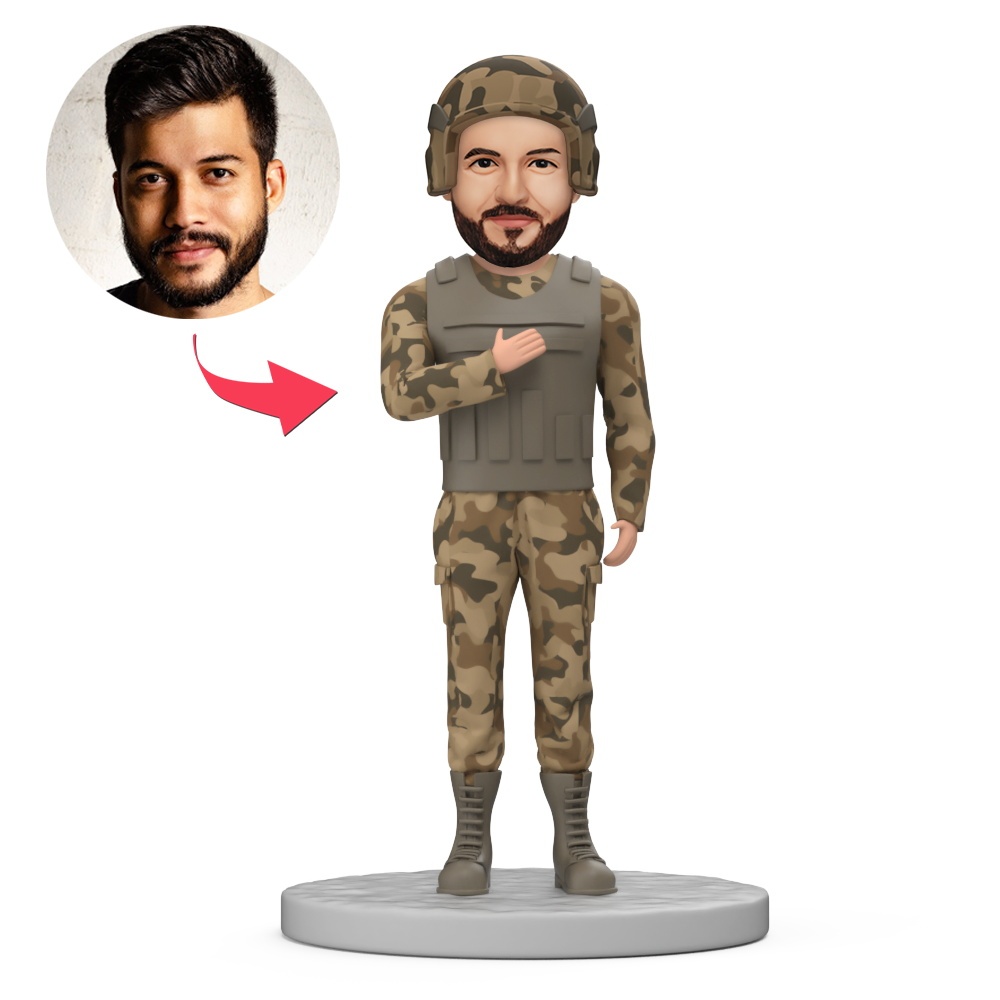 Military Man with Helmet Custom Bobblehead with Engraved Text